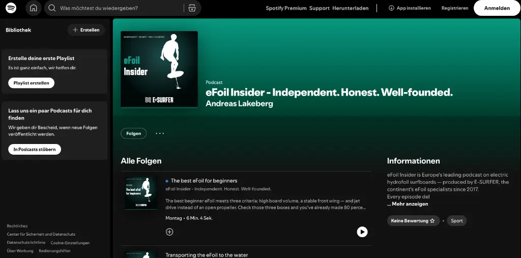  eFoil Insider Podcast – verfügbar auf Spotify, Apple Podcasts, Amazon Music, Deezer, RTL+, podcast.de, YouTube, player.fm, Castbox, Pocketcasts und Podcast Addict