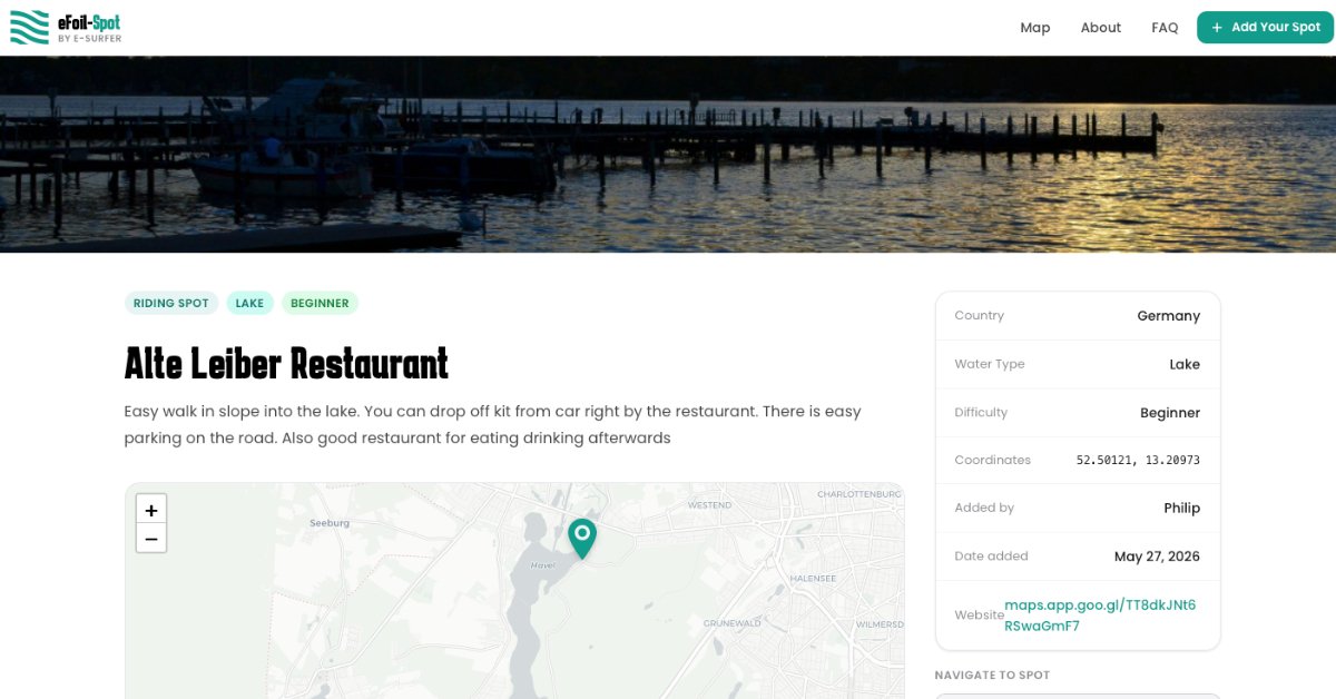 eFoil-Spot.com — interactive community map with verified, legal eFoil spots worldwide