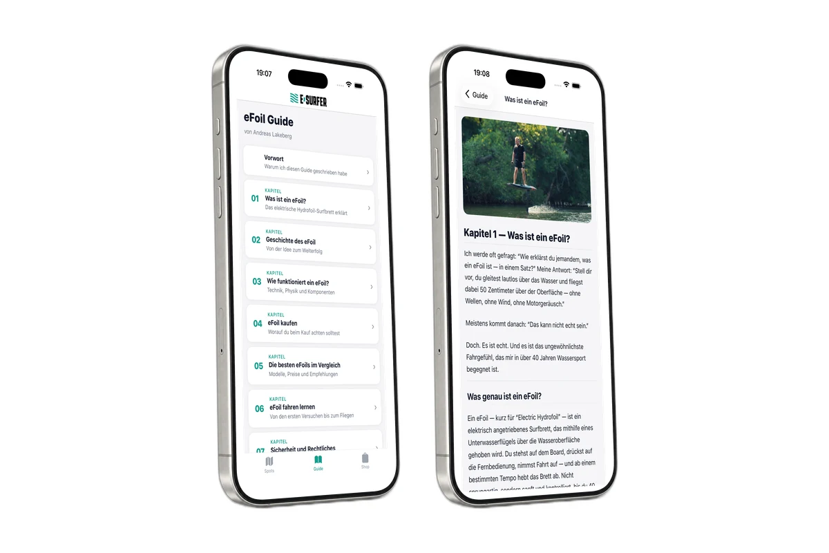 eFoil App — die Kapitelliste im eFoil Guide und Kapitel 1 mit Titelbild