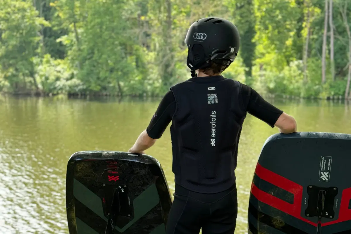 eFoil safety — protective gear with impact vest, helmet and wetsuit