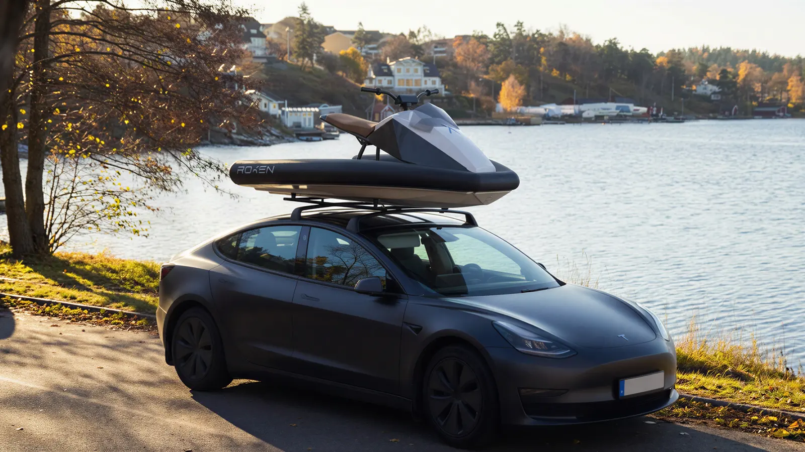 ROXEN electric jet ski on a car roof rack, no trailer required