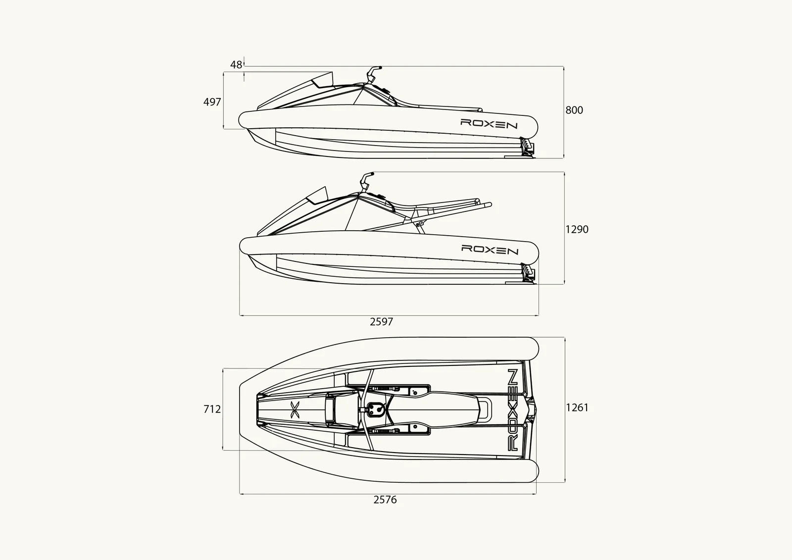 Dimensional drawing of the ROXEN electric jet ski showing 2597 mm length, 1261 mm width and 800 mm height