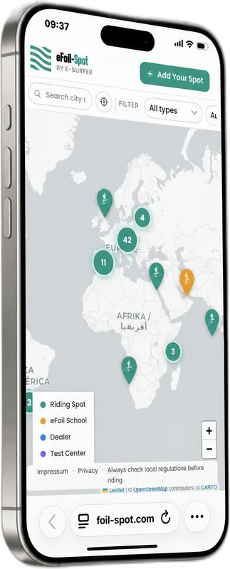 El mapa de spots de eFoil en un smartphone