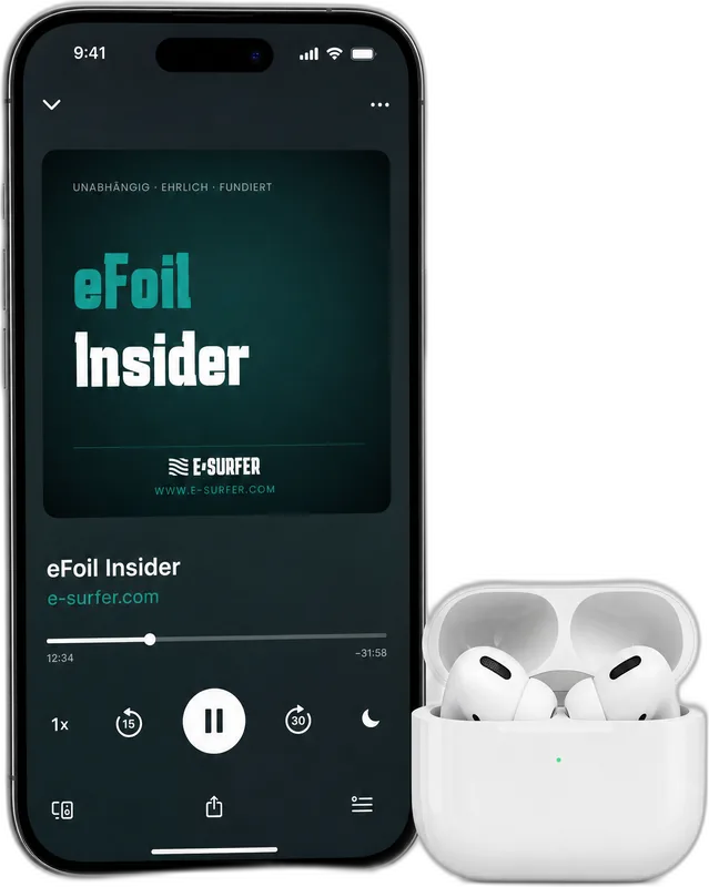 El podcast «eFoil Insider» en un smartphone con auriculares